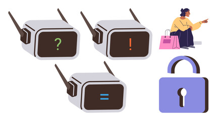 Three voice assistant screens with symbols, woman with shopping bags pointing, large padlock. Ideal for AI, security, e-commerce, communication, privacy, technology simple flat metaphor