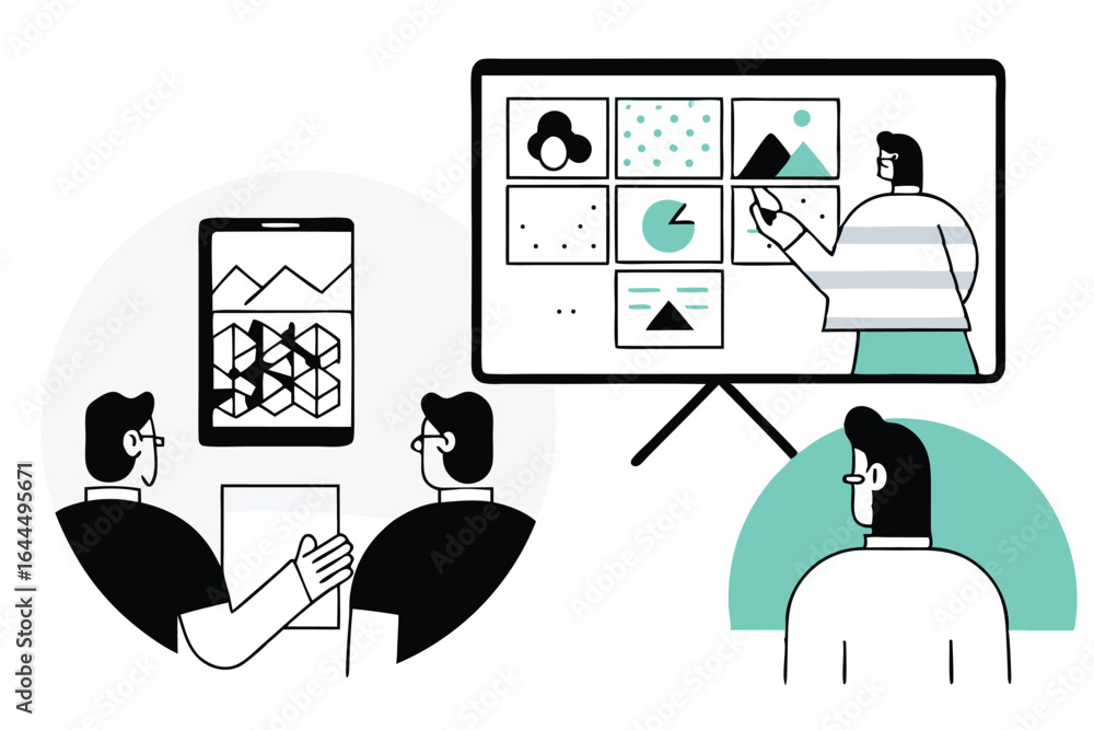 Aufkleber diverse team collaborating on a presentation with charts and data on a screen