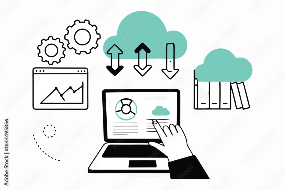 Poster digital cloud computing concept with laptop gears charts and data storage