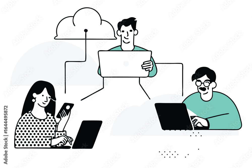 Aufkleber diverse group of people collaborating and working together using laptops and mobile devices connecte