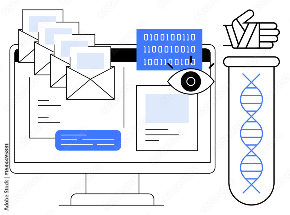 Poster computer screen with emails, binary code, visual data representations, an eye symbol, and a dna stra