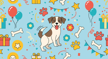 Seamless cute dog pattern featuring playful puppies, dog bones, paw prints, balls, dog houses, and grass elements in colorful cartoon style on a light background