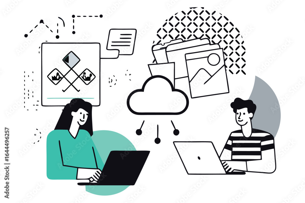 Poster teamwork and cloud computing concept with people collaborating on laptops