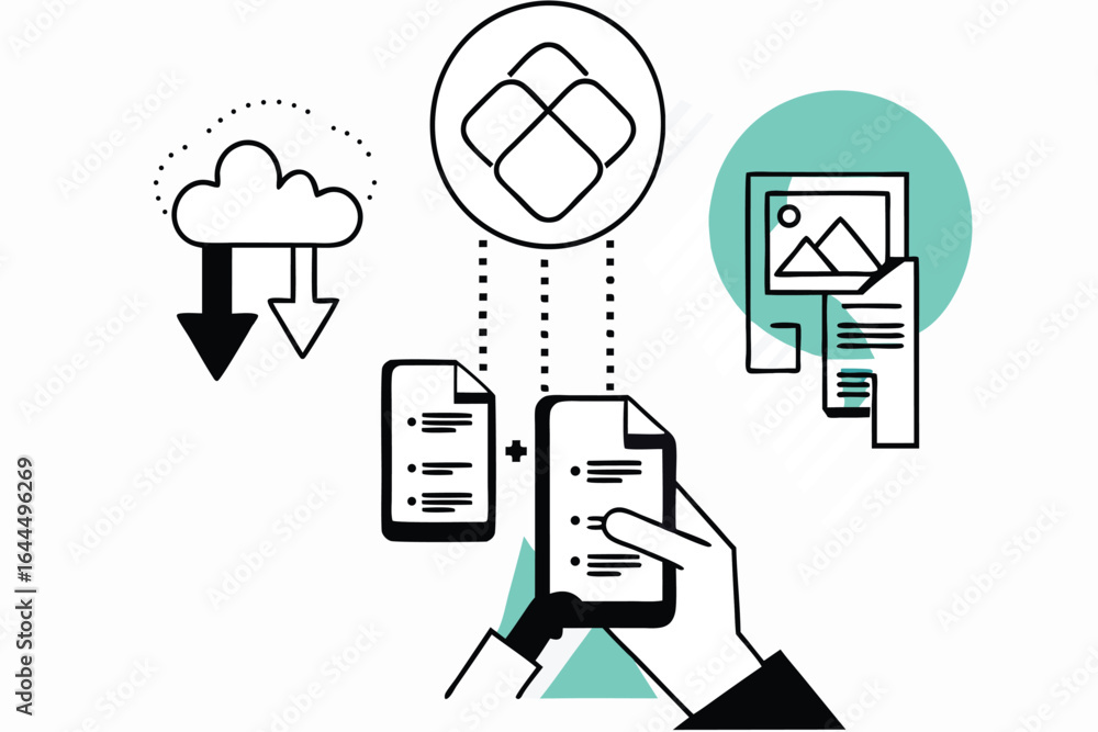 Poster digital data transfer and cloud storage concept with mobile devices and documents