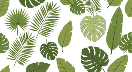 Fototapeta premium Seamless tropical foliage pattern featuring lush green monstera, banana, palm, and fern leaves with subtle pink flowers, creating an exotic botanical design on a clean white background