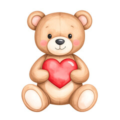 Cute teddy bear illustration holding a red heart, isolated on transparent background. Valentine's day clipart.