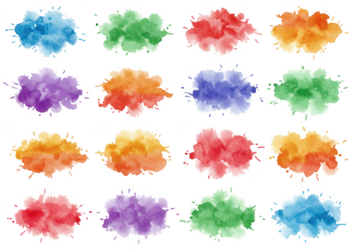 Collection of colorful watercolor paint splashes and strokes isolated on transparent background