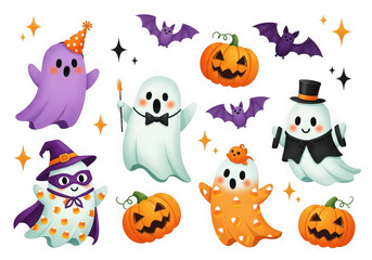 Cute watercolor ghosts and pumpkins for halloween celebration