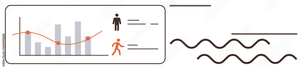 Poster bar graph and line chart inside a dashboard alongside human figures, horizontal lines, and wavy line