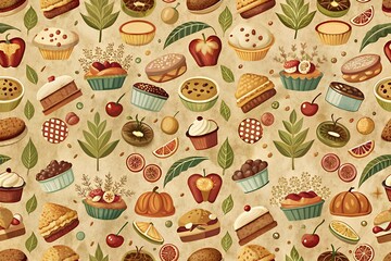 Whimsical autumn harvest dessert pattern with pumpkins apples and pastries