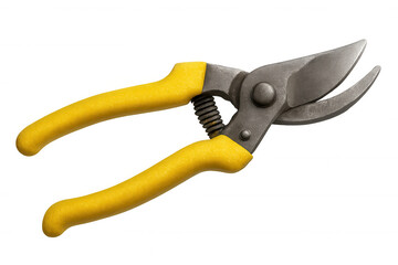 Sharp gardening secateurs with yellow handles isolated on transparent background, ready for pruning and trimming tasks
