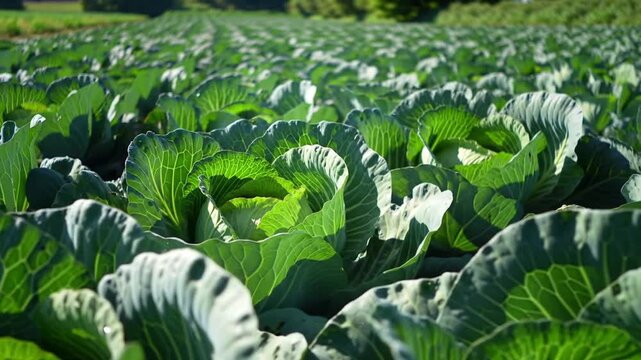 Lush Cabbage Field Abundant Green Heads in Rows with Agricultural Landscape.
