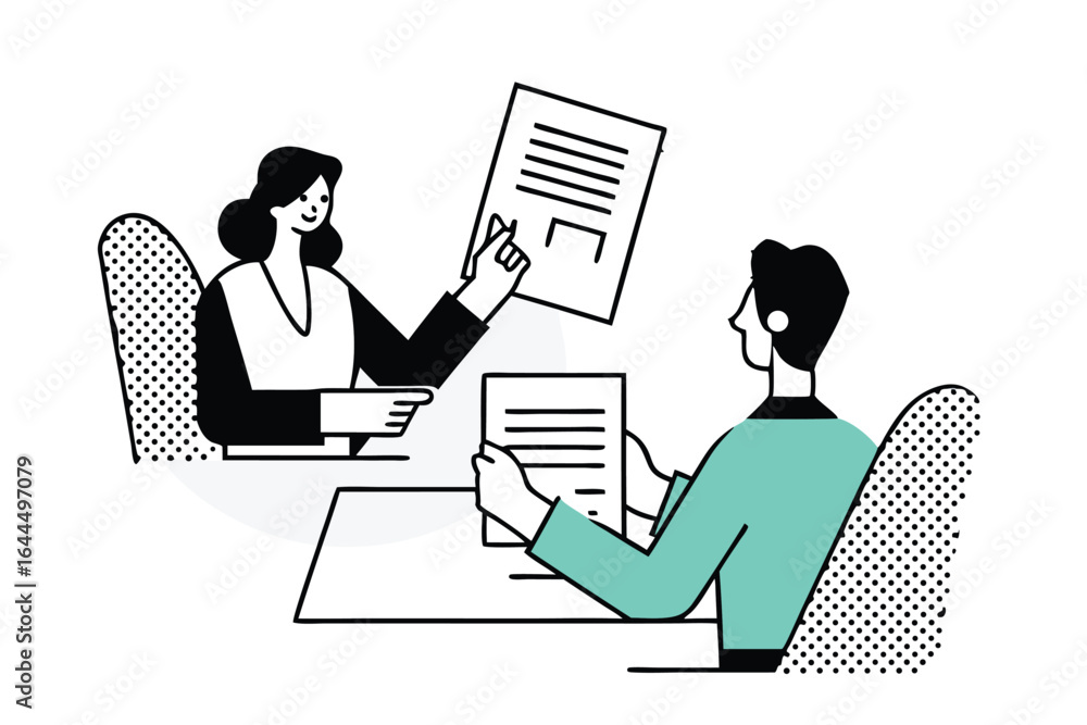 Poster two people in a meeting discussing documents and collaborating on a project