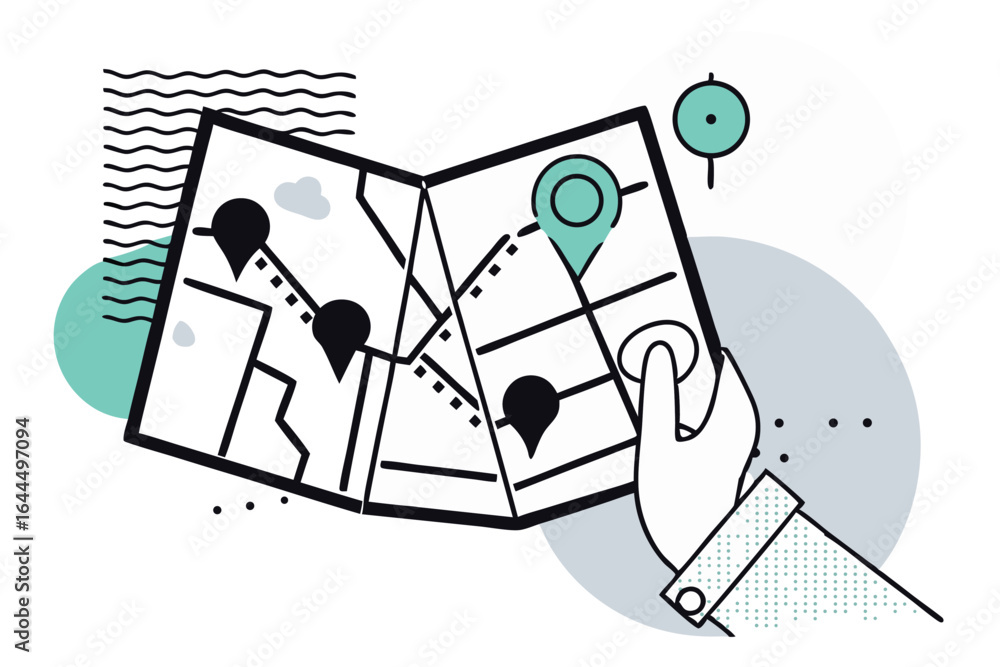 Poster hand holding a map with location pins and abstract geometric shapes