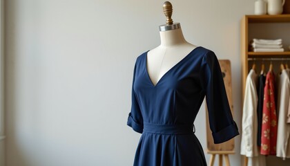 a tailor fitting a dress on a mannequin, flat design, classic navy and cream.