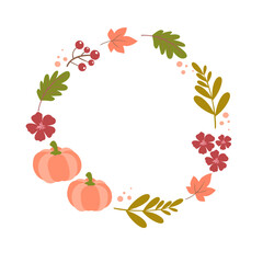 Autumn Pumpkin Wreath with Leaves, Flowers, and Berries Vector Illustration