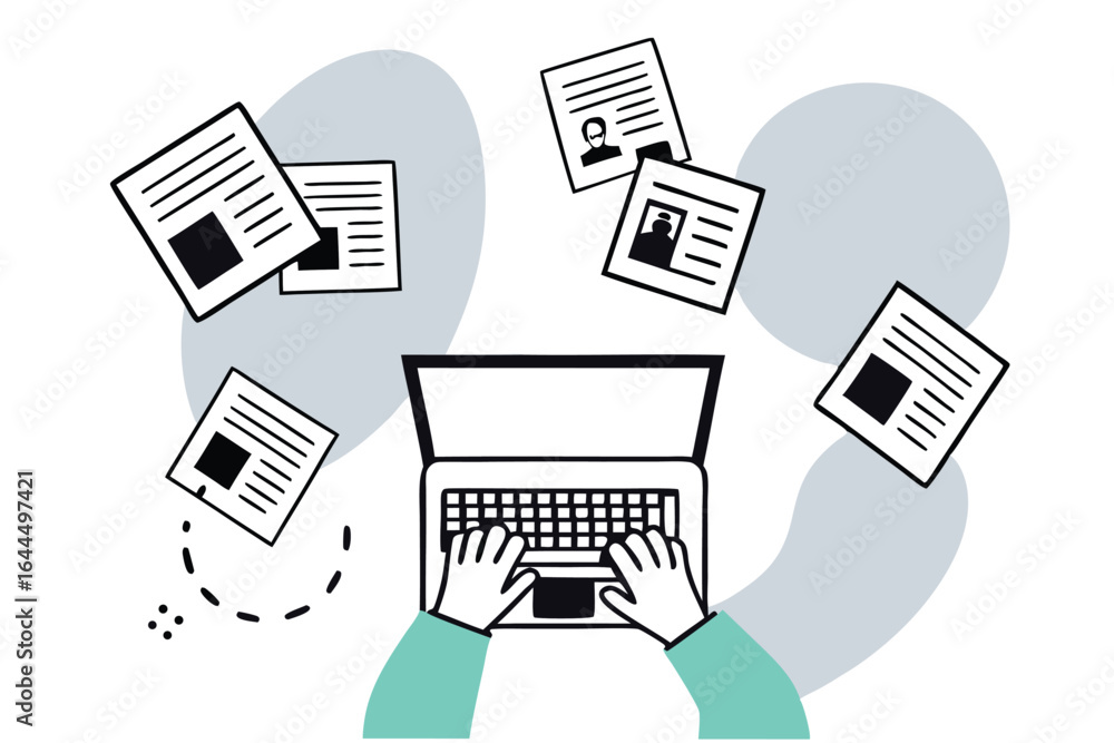 Poster hands typing on laptop surrounded by floating documents and abstract shapes