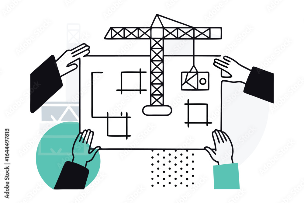 Aufkleber team of architects and engineers collaborating on a building blueprint with a crane illustration