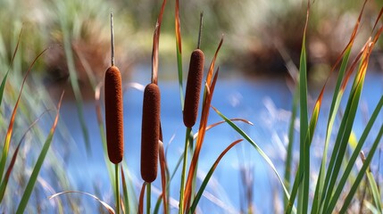 Reed plants flourishing along the lake shore, set against a backdrop of water, embody the natural ecosystem of aquatic plants and water bodies, showcasing nature, wetlands, environment, and flora