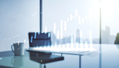 Abstract financial data charts and graphs displayed over a blurred laptop and office desk, representing market analysis, business growth, and digital economic trends.