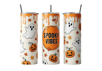 Three halloween themed tumblers with ghosts and pumpkins