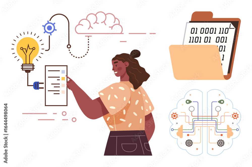 Poster woman interacting with data chart, light bulb, cloud network, binary coding folder, and brain circui