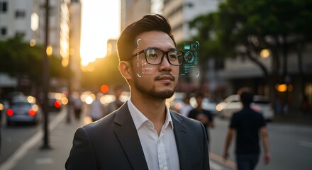 Man with AR interface projected in augmented reality walking on city street wearing glasses and a jacket
