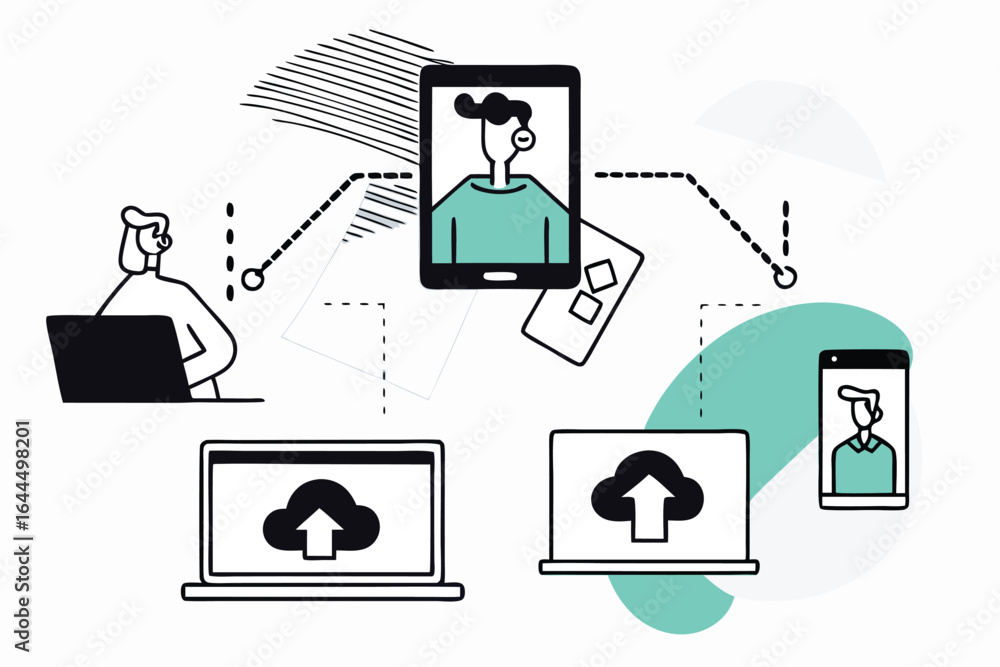Aufkleber digital communication and data transfer between devices and people in a modern abstract style
