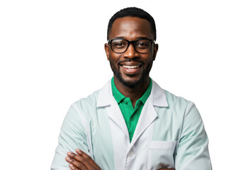 Smiling man with glasses wearing a lab coat isolated on transparent background