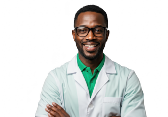Smiling man with glasses wearing a lab coat isolated on transparent background