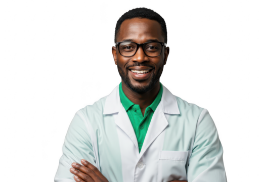 Smiling man with glasses wearing a lab coat isolated on transparent background