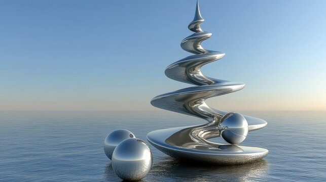 Abstract spiral sculpture on a body of water.