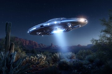 Obraz premium A futuristic flying saucer hovering above the desert landscape on World UFO Day is illuminated by beams of light, crafting an atmosphere of exploration and wonder