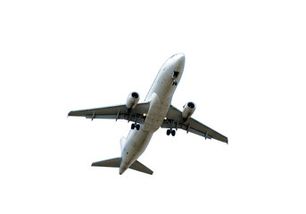 Obraz premium Airplane in flight against a white sky background isolated on transparent background