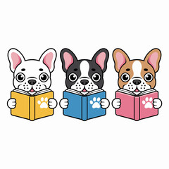 Cute Cartoon French Bulldogs Reading Books Clipart Illustration

