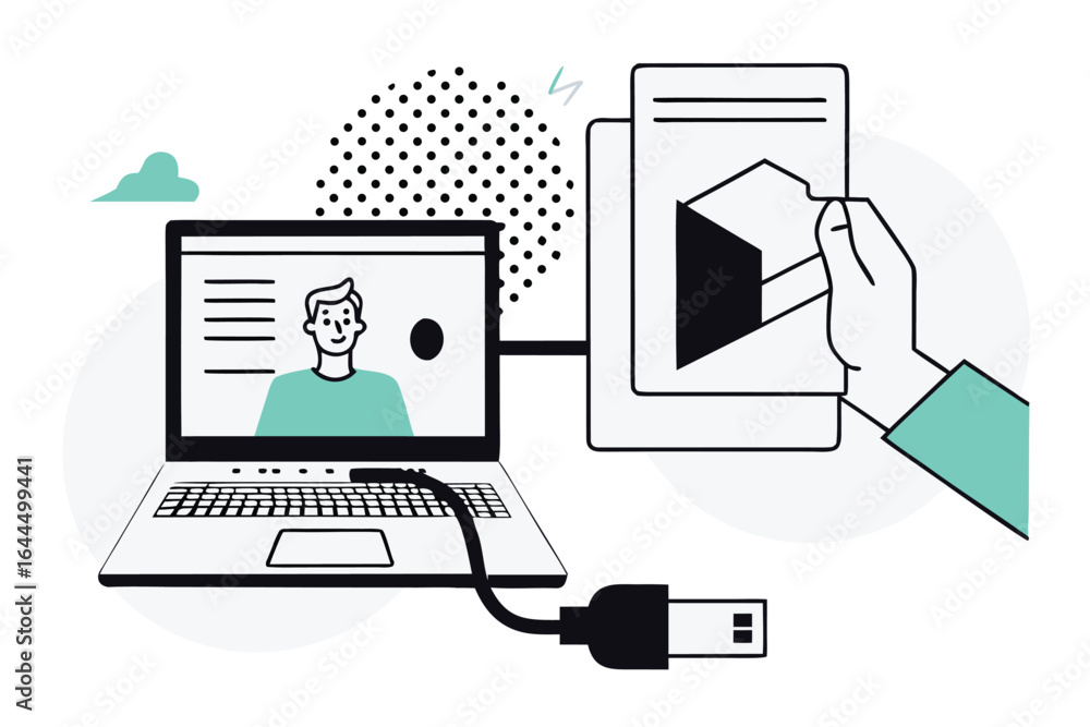 Poster digital connection and data transfer from laptop to document with usb cable