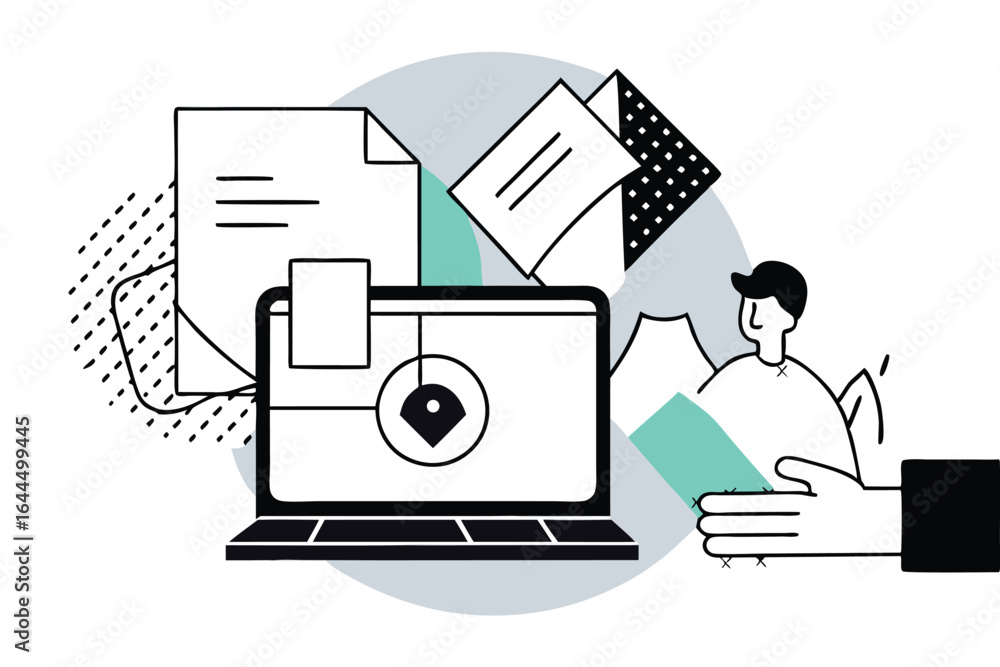 Poster digital workflow and data management with a laptop and documents illustration