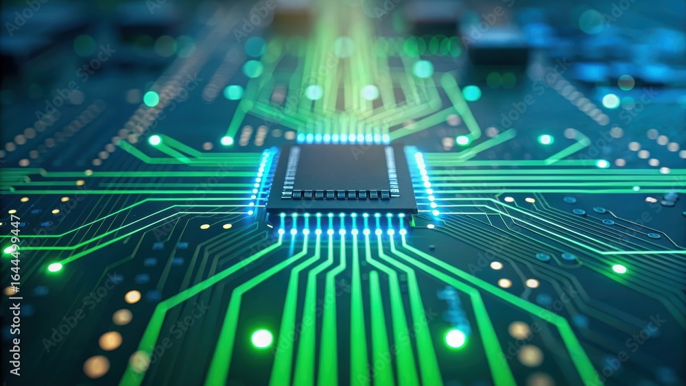 Poster detailed view of circuit board showcasing intricate connections and central processing unit, highlig