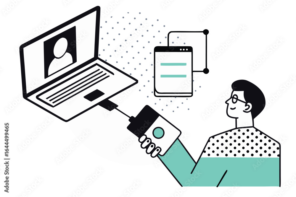 Aufkleber man connecting a device to a laptop with a video call on screen