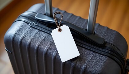 simple luggage tag mockup on suitcase handle, no people