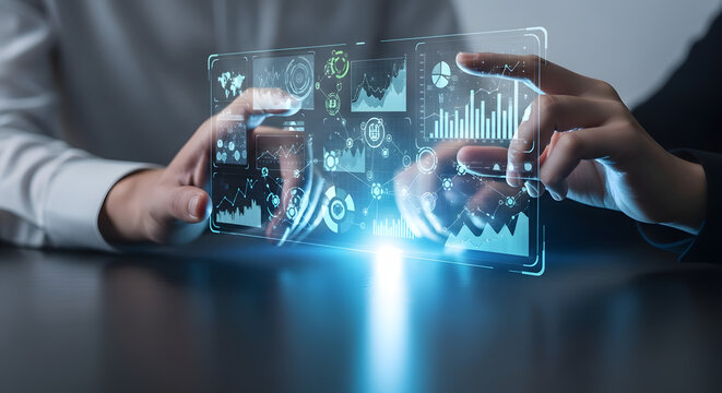 Two individuals collaborate on a futuristic transparent digital interface displaying complex data charts and graphs symbolizing technological advancement and data analysis