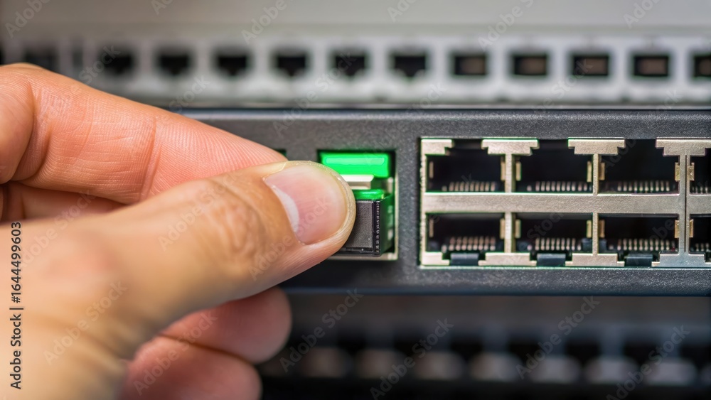 Poster hand connecting network cable in server rack showcasing cybersecurity and 5g in critical infrastruct