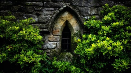 The stone wall has a distinctive rounded window framed with stone, and it is set amidst a backdrop of vibrant green foliage and plants