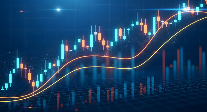 Neo-Maximalist Neon Noir Financial Data Visualization with Glowing Candlestick Bars and Trend Lines