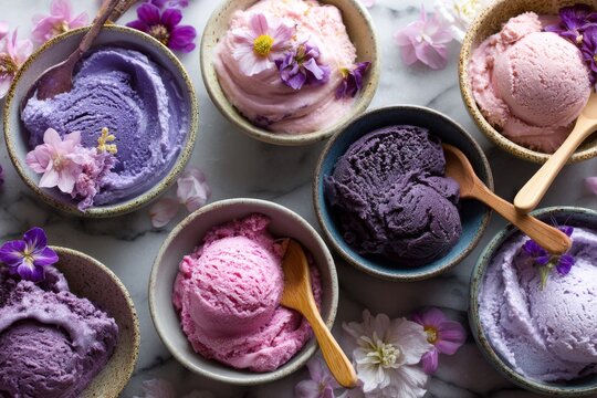 On ‘National Creative Ice Cream Flavors Day’, a kaleidoscope of ice cream flavors is served in decorative bowls, creating a delightful dessert treat