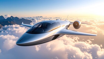 Futuristic Airplane Flying in the Clouds with Mountains Sunset.