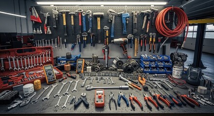 Organized Workshop Tools, Ready for Action, in a Well-Lit Garage