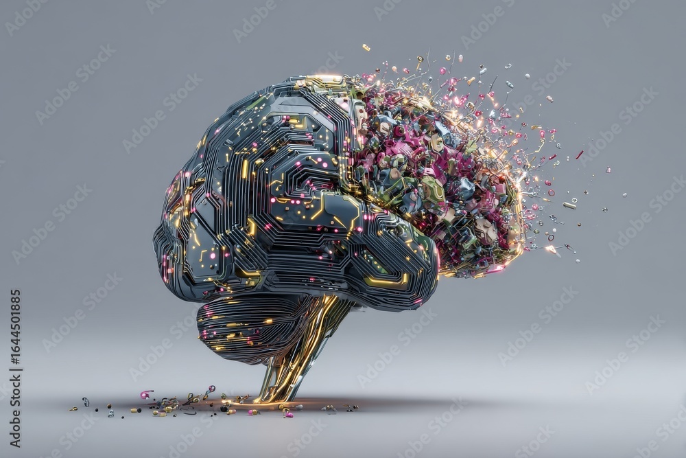 Poster the abstract illustration features a human brain with a kaleidoscope of circuits and digital pattern