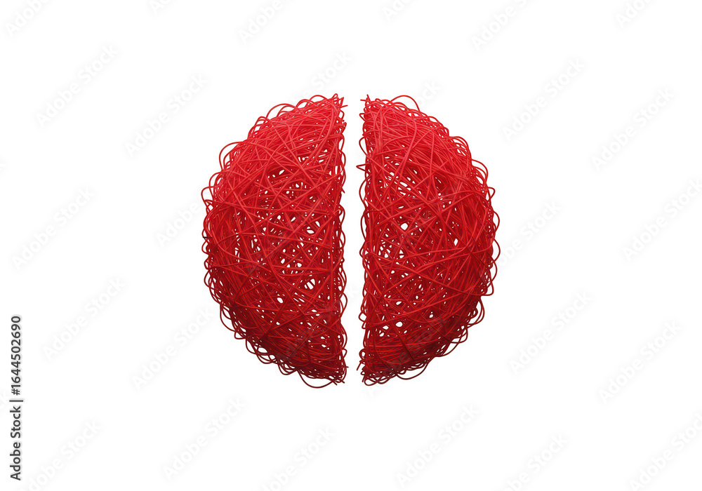 Poster red fuzzy ball split in half isolated on transparent background