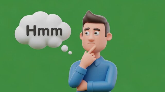 3D Animated Character Thinking with "Hmm" Thought Bubble on Green Screen